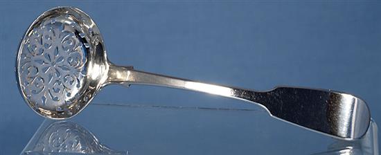 An early Victorian silver fiddle pattern sifter spoon, by John Harris IV & 2 others, 111 grams.